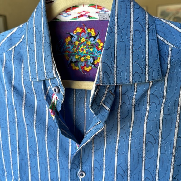 Robert Graham Blue White Striped Button Down Shirt Embroidered Accents Size M - Picture 6 of 6